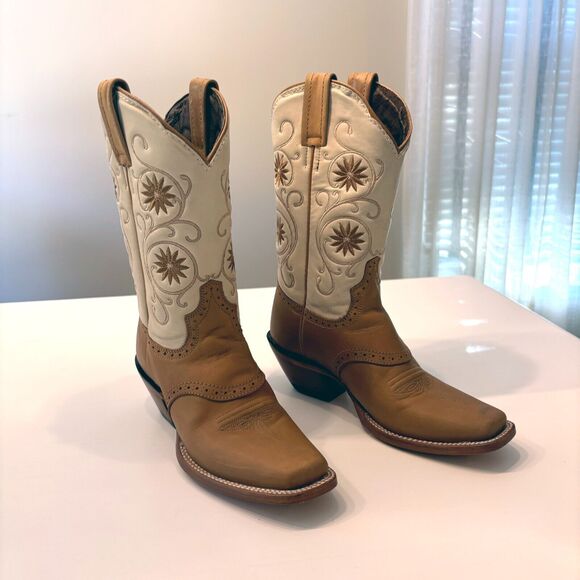 Vintage Caborca Women's Cream Tan Leather Floral Embroidered Cowboy Boots Size 7 - Picture 1 of 16